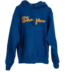 Champion Reverse Weave Size M Hoodie Sweatshirt Vintage Script Logo GF68 Blue